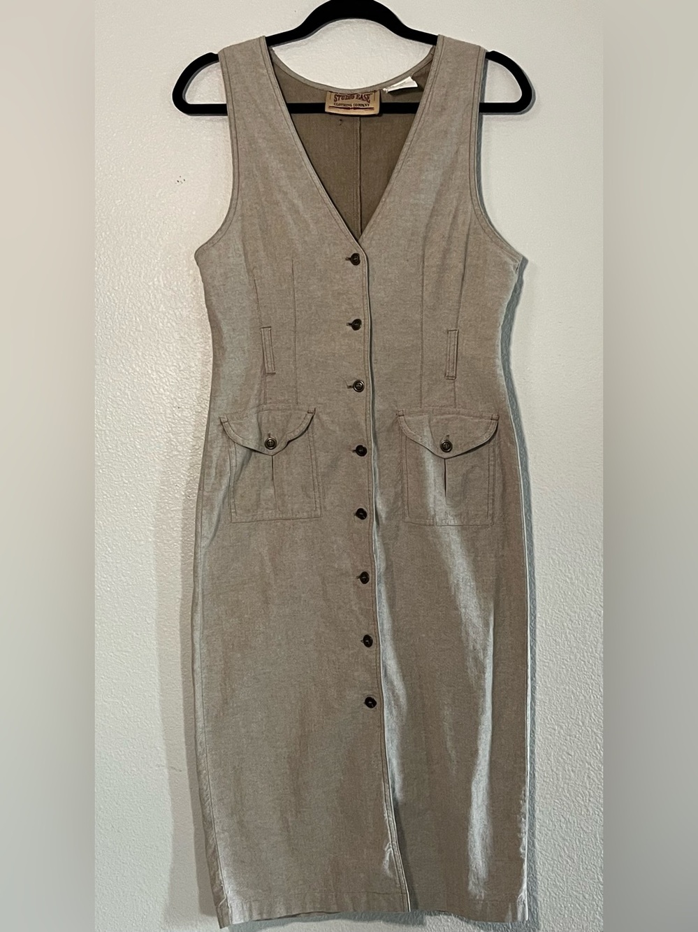 Sleeveless Button-Front Midi Dress in Taupe by STUDIO RUE